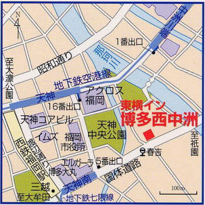 ホテル東横イン博多西中洲周辺地図、天神・中洲は徒歩で、博多駅も車で5分の好立地、ビジネス・観光・旅行に便利